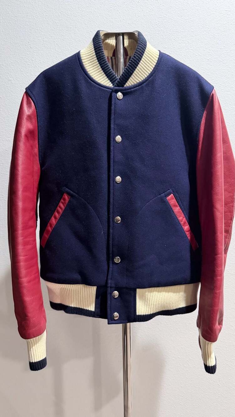 Thom Browne Inspired Wool and Leather Varsity Jacket Size 2 Navy Red